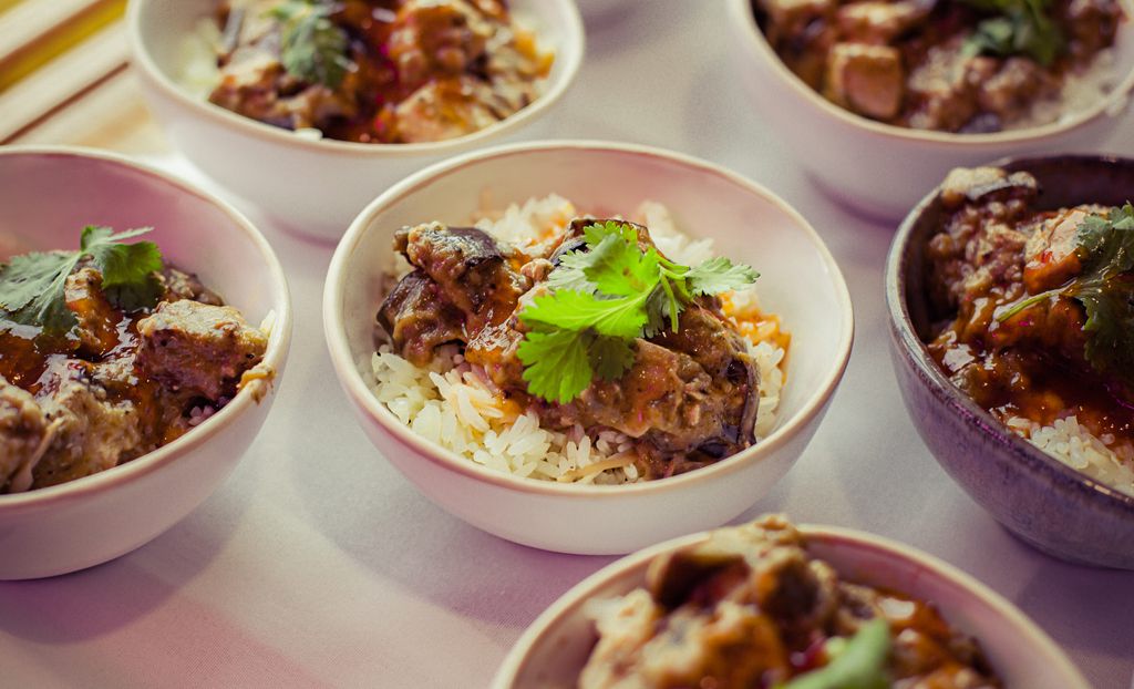 bowls of curry and rice