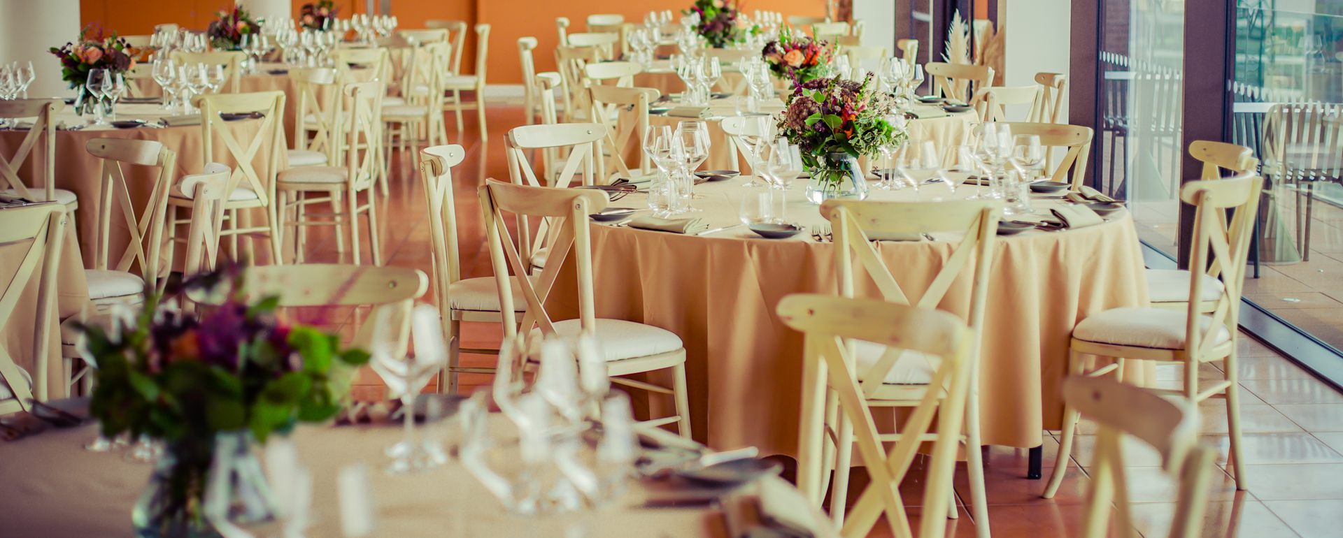 Tables set for a wedding dinner